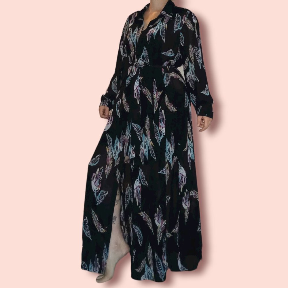 City Chic Sheer Long Sleeve Feather button down maxi dress M